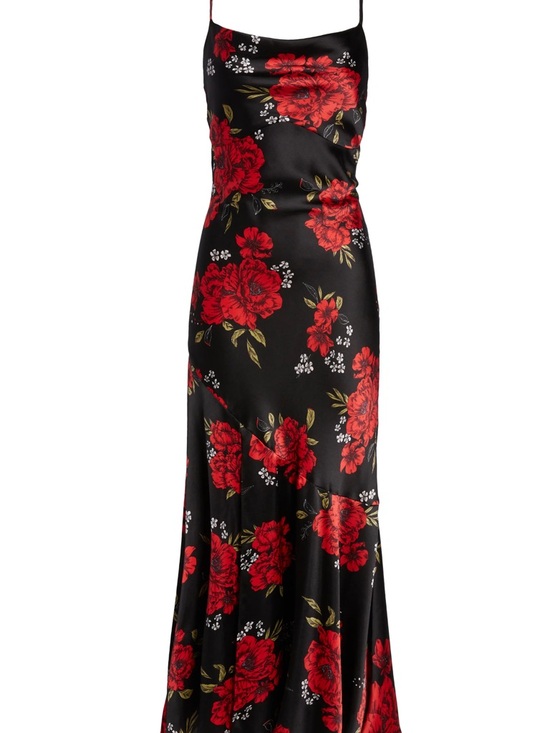 Lulus Dresses & Skirts - Lulu's Black Cowl Neck Black Satin Dress with Red Floral Print and Slit